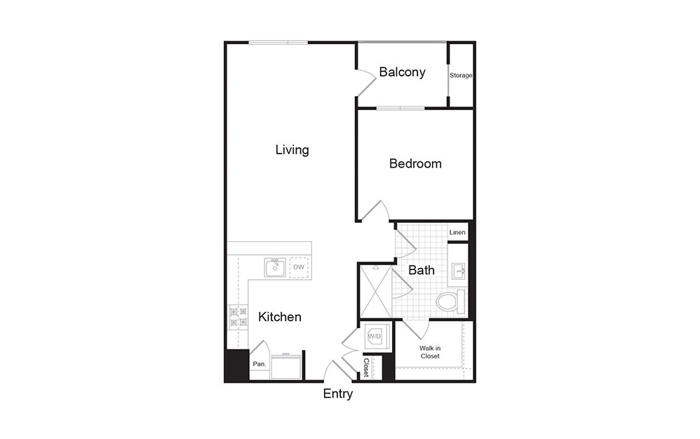 A7 - 1 bedroom floorplan layout with 1 bath and 796 square feet.
