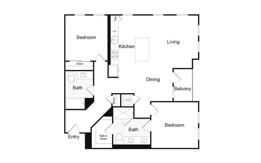 B1.4 - 2 bedroom floorplan layout with 2 baths and 1243 square feet.
