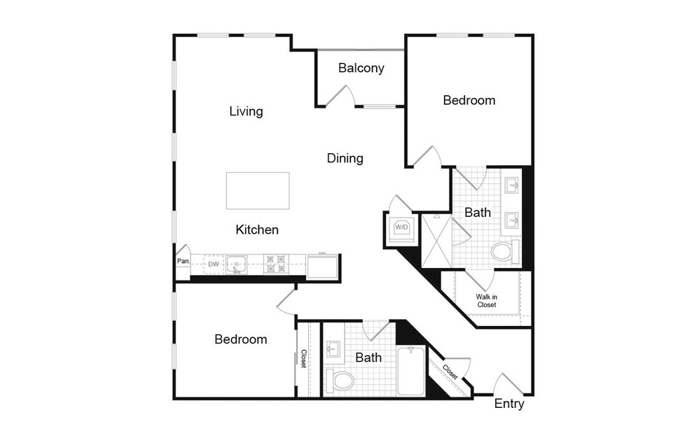 B1.5 - 2 bedroom floorplan layout with 2 baths and 1257 square feet.