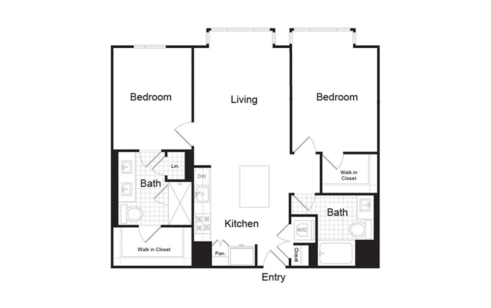 B2.2 - 2 bedroom floorplan layout with 2 baths and 1265 square feet.