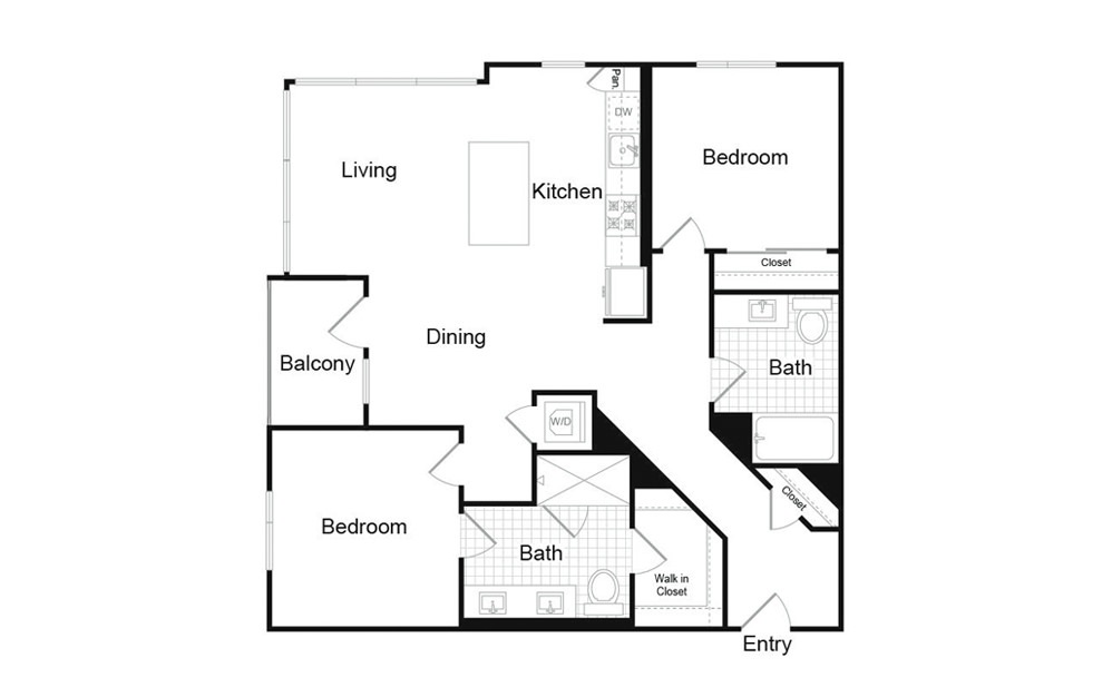 B1 - 2 bedroom floorplan layout with 2 baths and 1149 square feet.