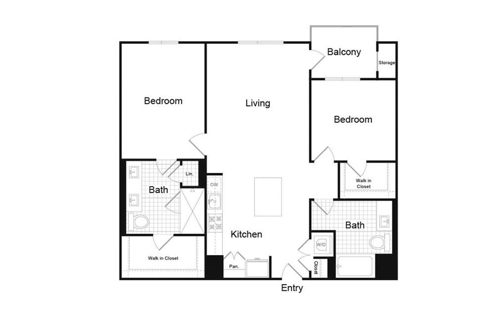 B2 - 2 bedroom floorplan layout with 2 baths and 1173 square feet.