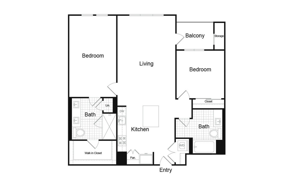 B3.1 - 2 bedroom floorplan layout with 2 baths and 1231 square feet.