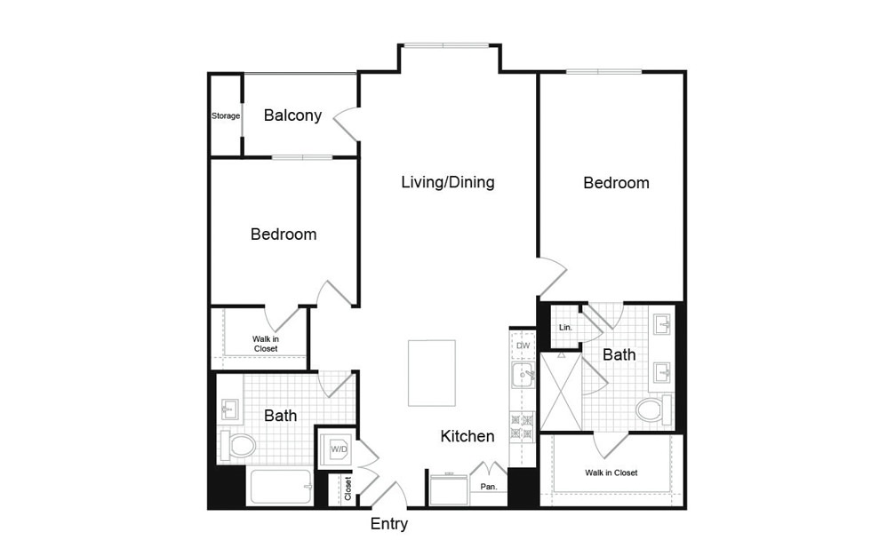 B5.3 - 2 bedroom floorplan layout with 2 baths and 1250 square feet.