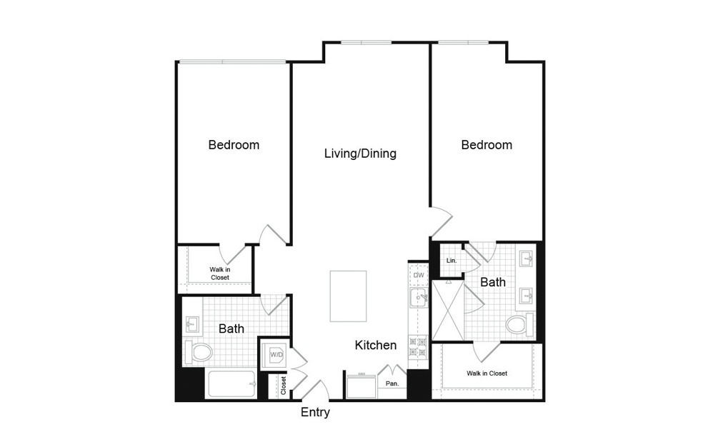 B5.6 - 2 bedroom floorplan layout with 2 baths and 1345 square feet.