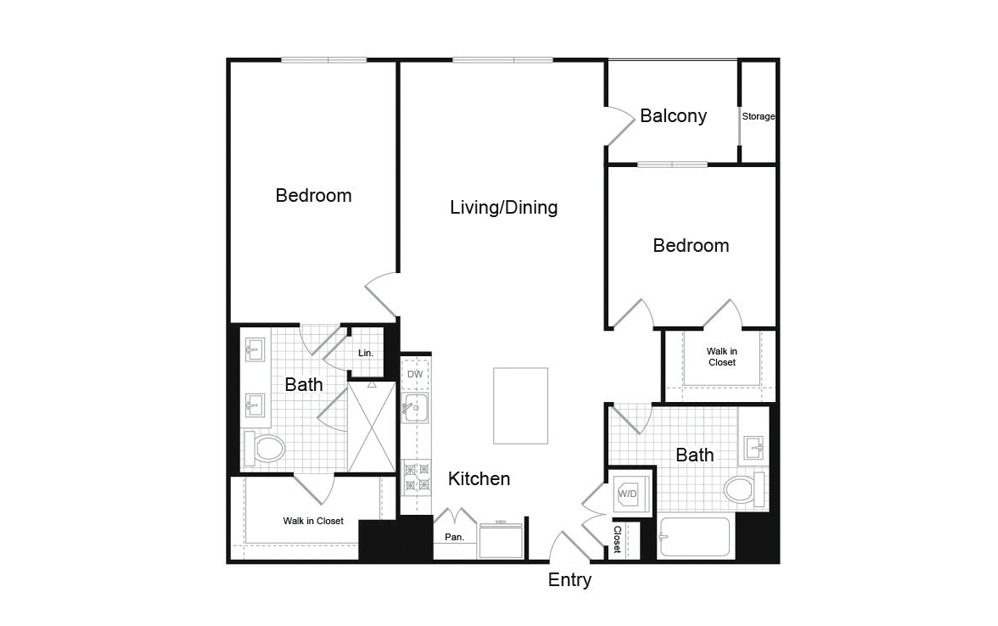 B5 - 2 bedroom floorplan layout with 2 baths and 1228 to 1345 square feet.