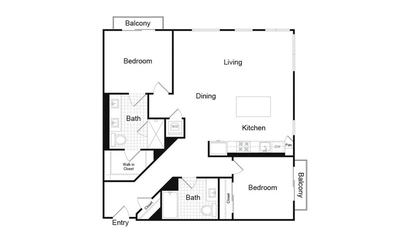 B1.3 - 2 bedroom floorplan layout with 2 baths and 1211 square feet.