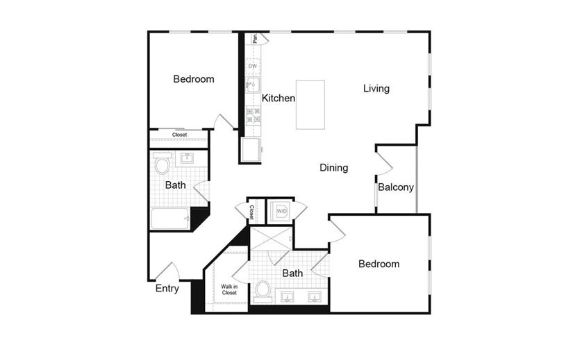 B1.4 - 2 bedroom floorplan layout with 2 baths and 1243 square feet.