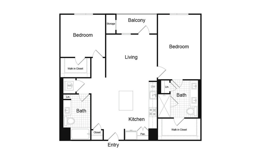 B6 - 2 bedroom floorplan layout with 2 baths and 1234 square feet.